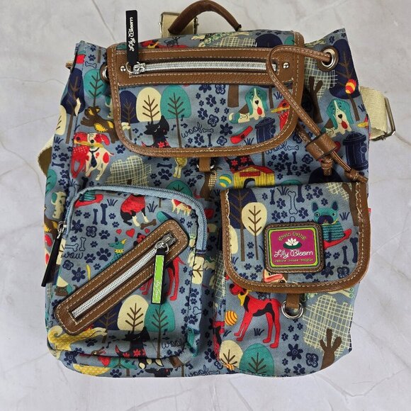 Lily Bloom Green Living Dog Print Blue Backpack Lightweight Colorful Top Handle - Picture 1 of 15